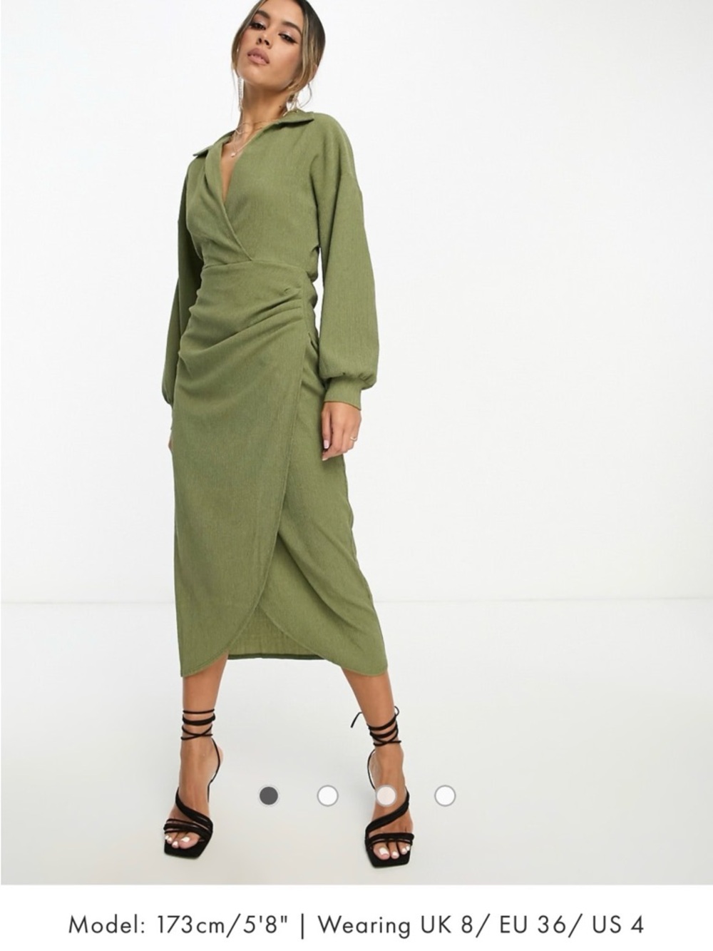 ASOS DESIGN textured collared wrap midi dress in dark khaki size 12